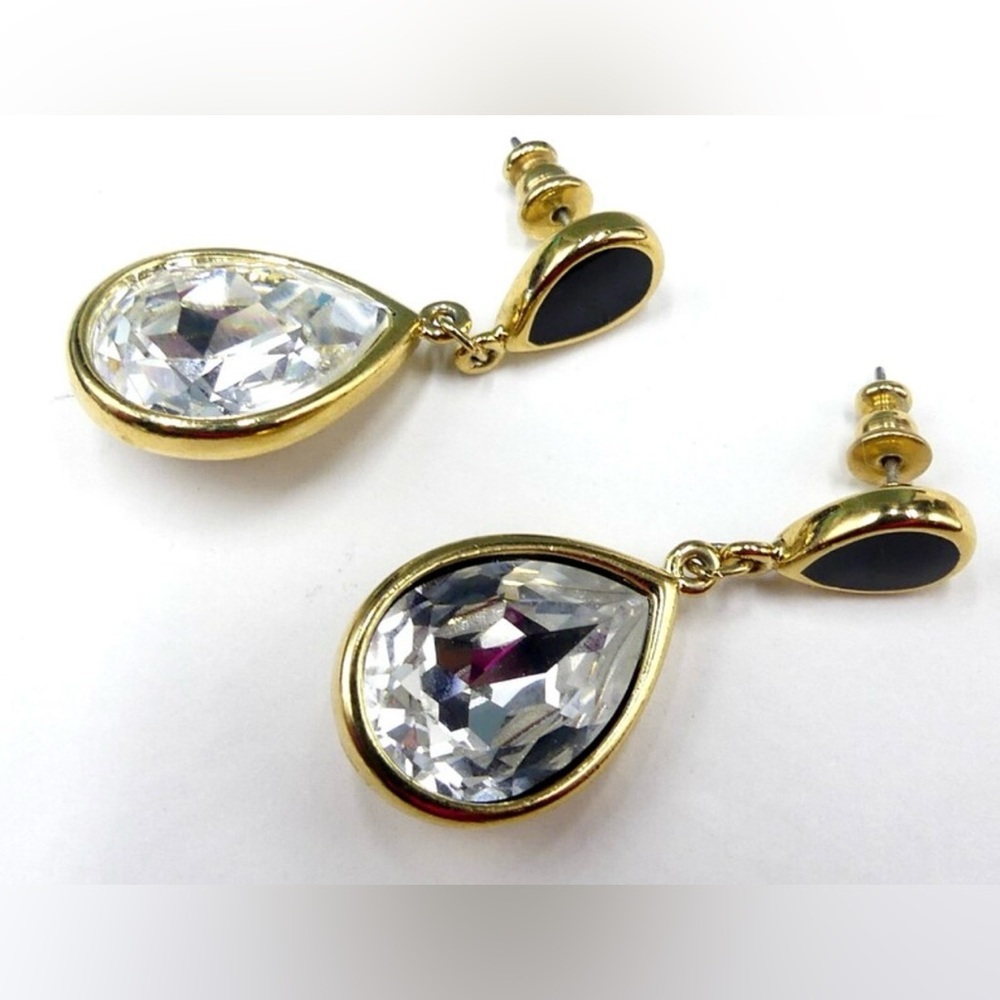 Trifari Earrings Dangle Gold Pierced Classy Glitzy Icy Crystal Rhinestone Bold - Picture 4 of 10